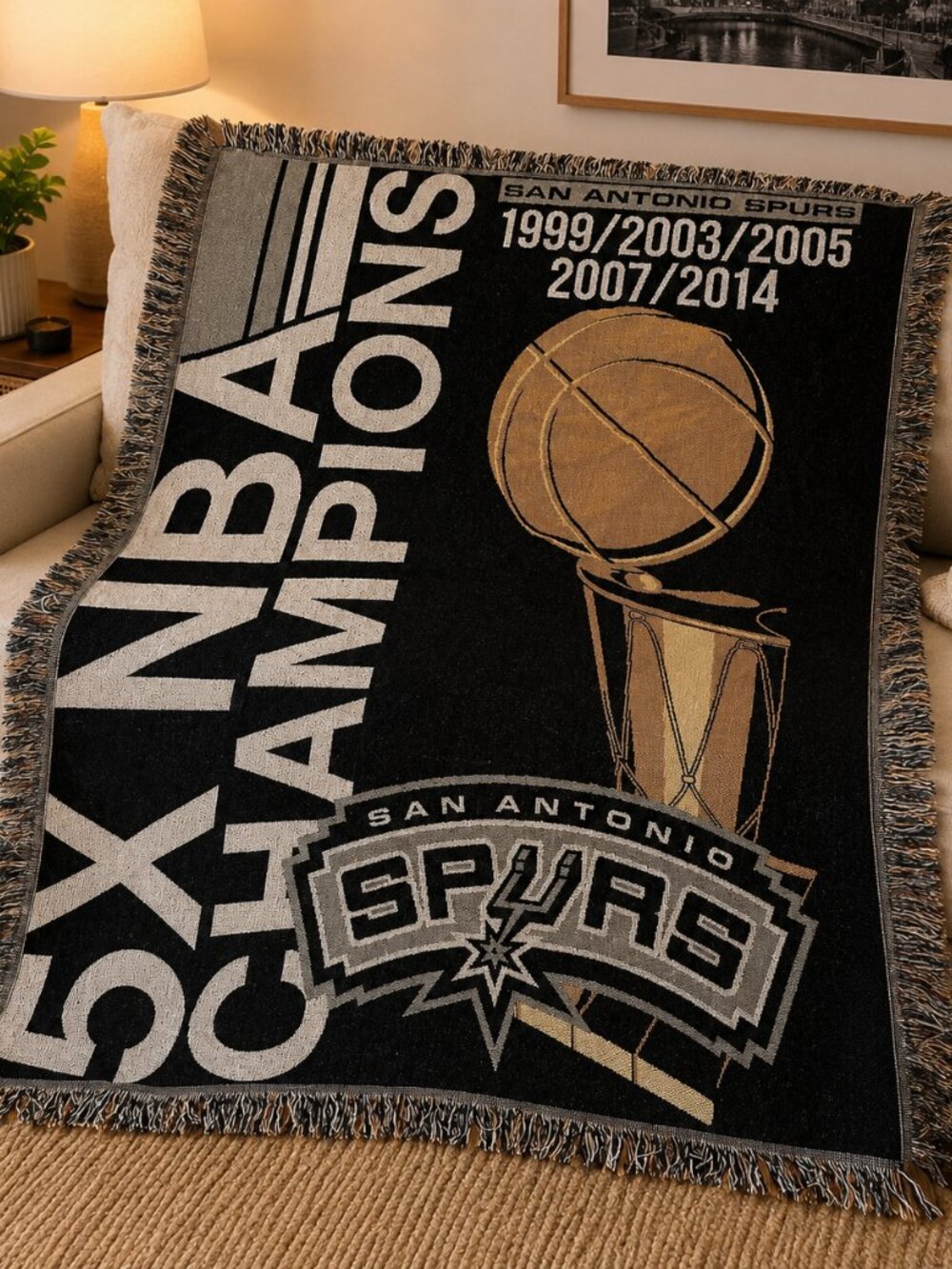 5X NBA Champion San Antonio Spurs Commemorative Tapestry Throw Blanket - Picture 2 of 14